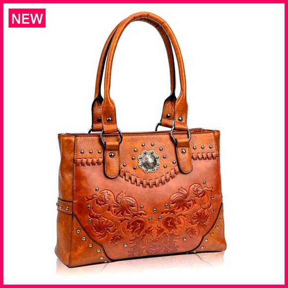 Large Western Tote Bag with Embossed Flower Pattern and Silver Studs